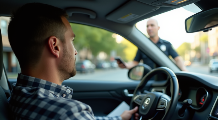 Conducteur anxieux dans une voiture moderne avec un policier dehors