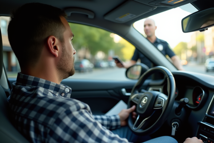 Conducteur anxieux dans une voiture moderne avec un policier dehors