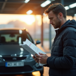 Conducteur frustré tenant un rapport de contrôle technique devant sa voiture