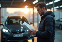 Conducteur frustré tenant un rapport de contrôle technique devant sa voiture