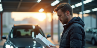 Conducteur frustré tenant un rapport de contrôle technique devant sa voiture