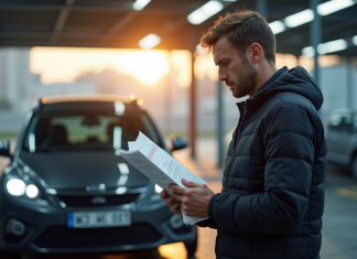Conducteur frustré tenant un rapport de contrôle technique devant sa voiture