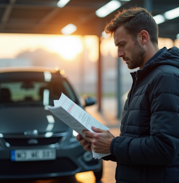 Conducteur frustré tenant un rapport de contrôle technique devant sa voiture