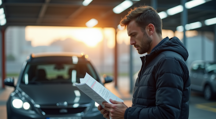 Conducteur frustré tenant un rapport de contrôle technique devant sa voiture