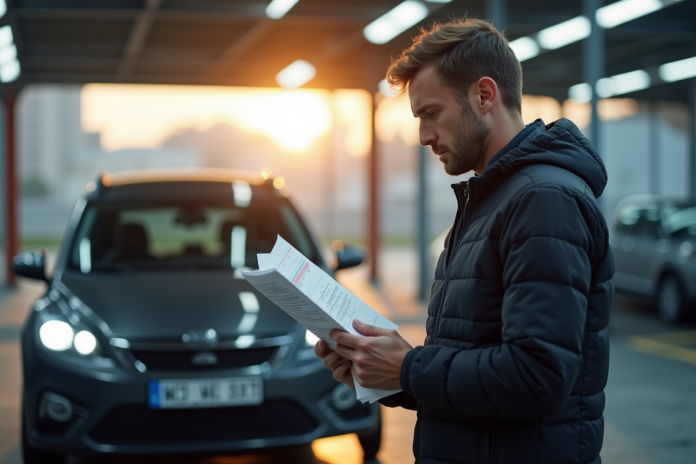 controle-technique-voiture Conducteur frustré tenant un rapport de contrôle technique devant sa voiture