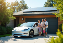 Famille avec voiture électrique neuve dans une allée moderne