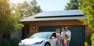 Famille avec voiture électrique neuve dans une allée moderne