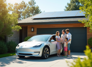 Voiture écologique : quel modèle choisir ? Famille avec voiture électrique neuve dans une allée moderne