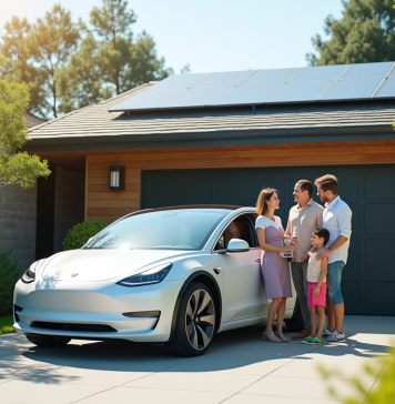 Famille avec voiture électrique neuve dans une allée moderne