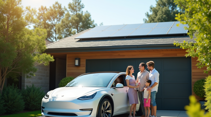 Famille avec voiture électrique neuve dans une allée moderne