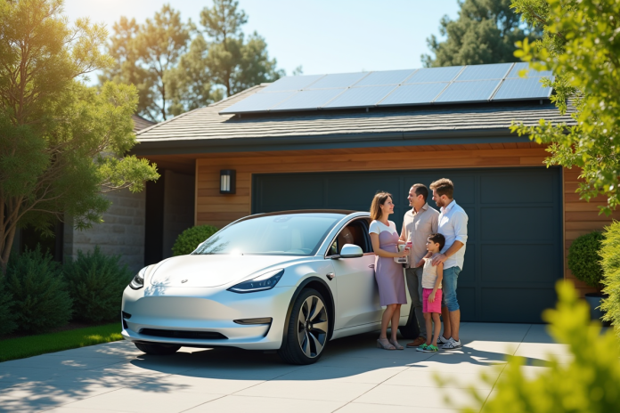 famille-voiture-electrique-ecologique Famille avec voiture électrique neuve dans une allée moderne