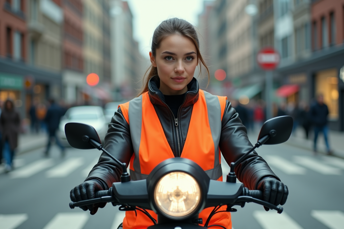 Femme vérifiant son rétroviseur en ville