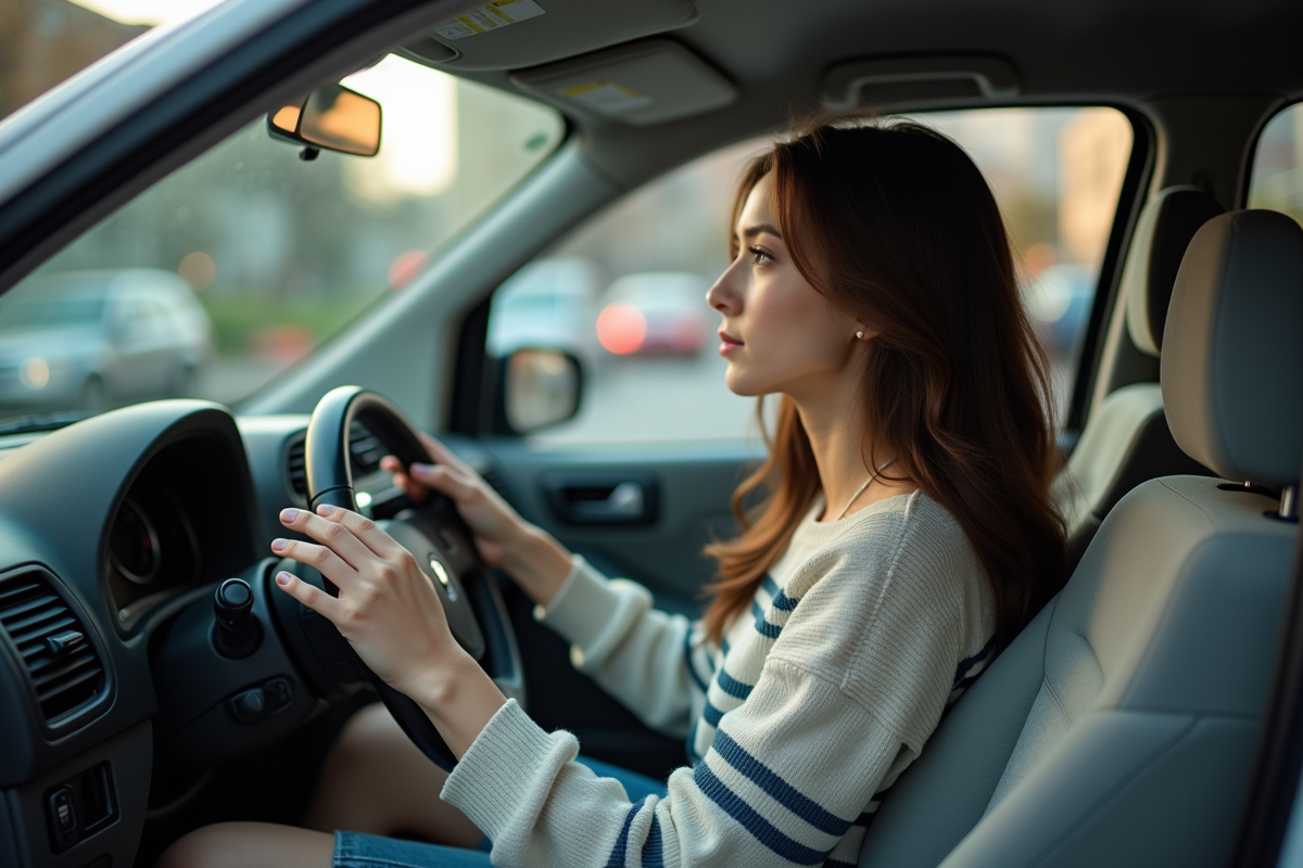 Jeune femme dans une petite voiture urbaine regardant par la fenêtre