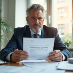 Homme inquiet tenant une lettre d'assurance pénalité dans un bureau lumineux