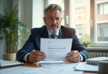 Homme inquiet tenant une lettre d'assurance pénalité dans un bureau lumineux