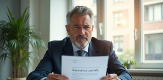 Homme inquiet tenant une lettre d'assurance pénalité dans un bureau lumineux