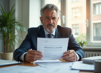Homme inquiet tenant une lettre d'assurance pénalité dans un bureau lumineux