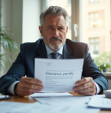 Homme inquiet tenant une lettre d'assurance pénalité dans un bureau lumineux