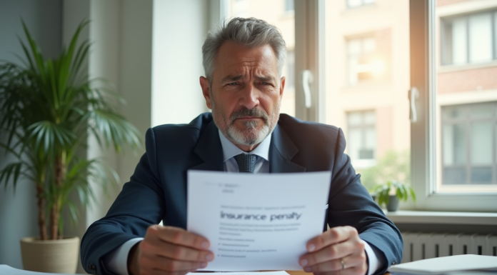 Homme inquiet tenant une lettre d'assurance pénalité dans un bureau lumineux