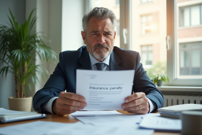 homme-inquiet-penalites-assurance Homme inquiet tenant une lettre d'assurance pénalité dans un bureau lumineux