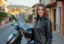 Jeune femme souriante avec casque et moto à côté d'un scooter en Espagne