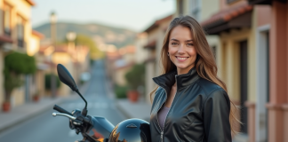 Jeune femme souriante avec casque et moto à côté d'un scooter en Espagne