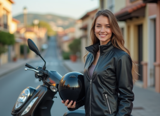 Jeune femme souriante avec casque et moto à côté d'un scooter en Espagne