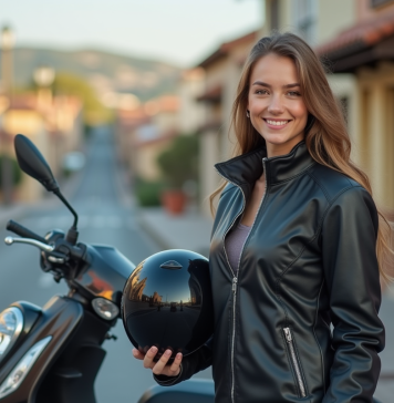 Jeune femme souriante avec casque et moto à côté d'un scooter en Espagne