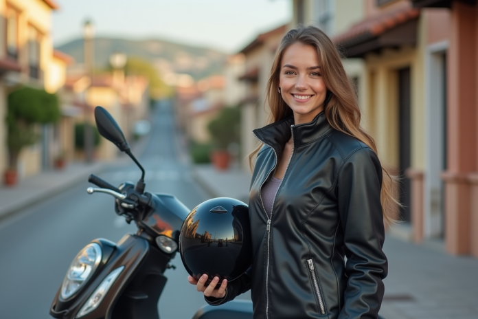 jeune-femme-moto-scooter-espagne Jeune femme souriante avec casque et moto à côté d'un scooter en Espagne