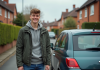 Jeune homme souriant avec clés de voiture devant une citadine