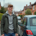 Jeune homme souriant avec clés de voiture devant une citadine
