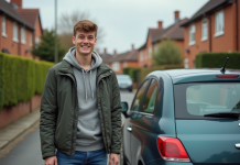 Jeune homme souriant avec clés de voiture devant une citadine
