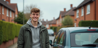 Jeune homme souriant avec clés de voiture devant une citadine