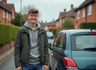 Jeune homme souriant avec clés de voiture devant une citadine
