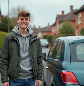 Jeune homme souriant avec clés de voiture devant une citadine