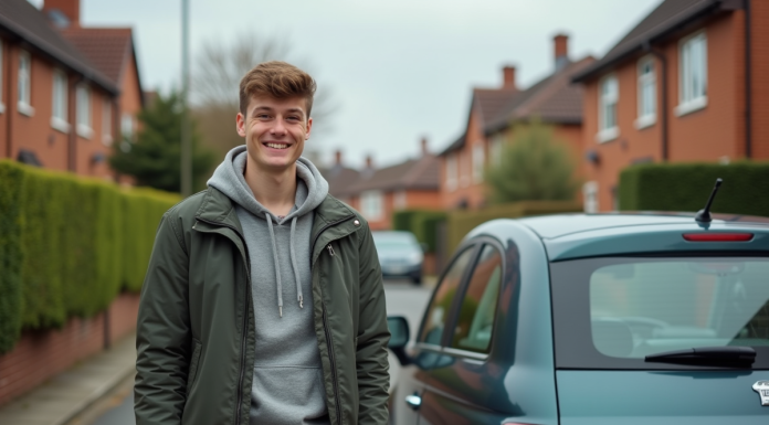 Jeune homme souriant avec clés de voiture devant une citadine