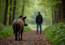 Personne dans la forêt observant un sanglier sauvage