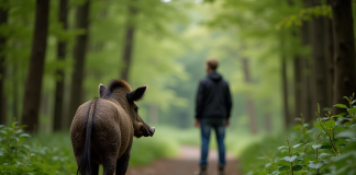 Personne dans la forêt observant un sanglier sauvage