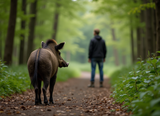 Personne dans la forêt observant un sanglier sauvage