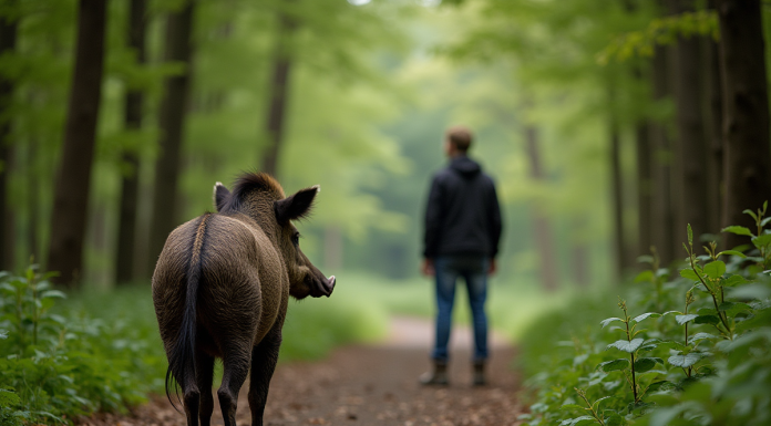 Personne dans la forêt observant un sanglier sauvage