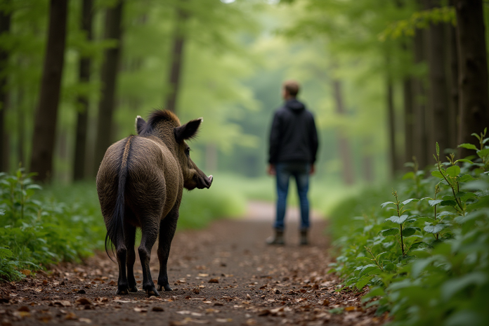 promeneur-foret-cerf-silhouette Personne dans la forêt observant un sanglier sauvage