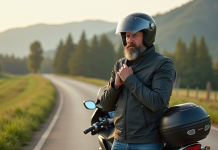 Homme en moto en campagne avec casque et moto