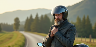 Homme en moto en campagne avec casque et moto