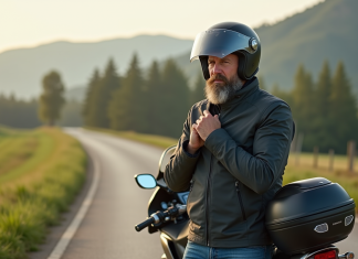 Homme en moto en campagne avec casque et moto