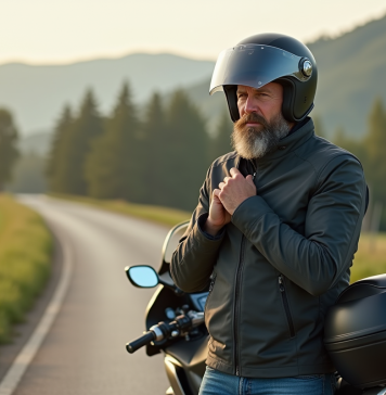 Homme en moto en campagne avec casque et moto