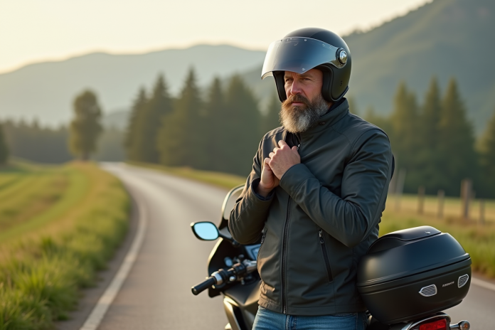 rider-moto-route-campagne Homme en moto en campagne avec casque et moto