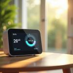 Salon moderne avec moniteur de qualité de l'air sur une table en bois