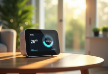 Salon moderne avec moniteur de qualité de l'air sur une table en bois