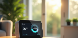 Salon moderne avec moniteur de qualité de l'air sur une table en bois