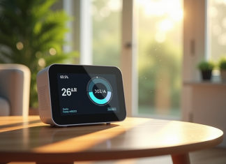 Salon moderne avec moniteur de qualité de l'air sur une table en bois